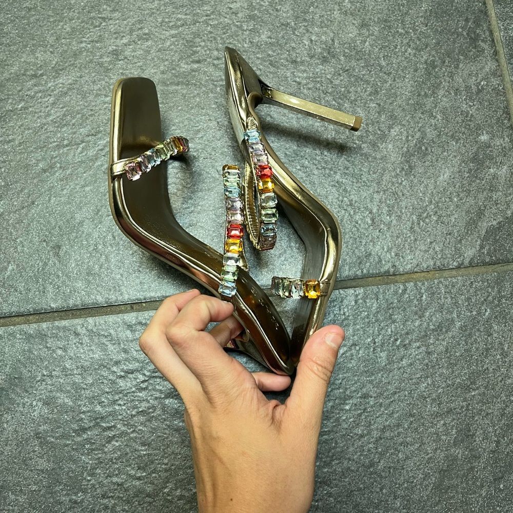 INC Diana Slip On Sandal Gold Multicolor Bling Stiletto Heels SZ 5 Square Toe - Picture 7 of 8